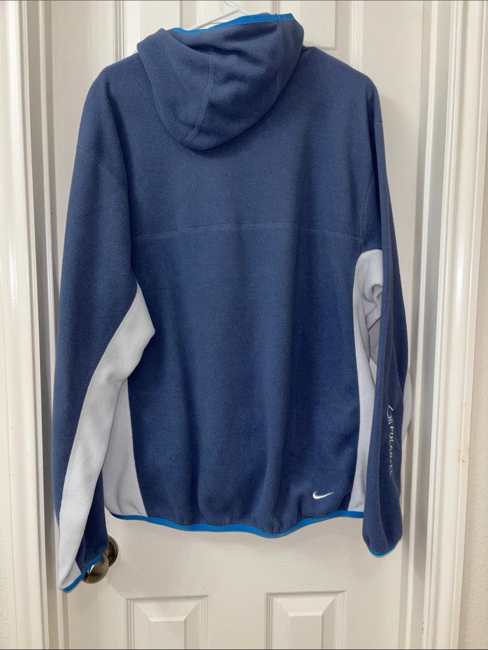 Nike ACG Navy Blue Fleece Crewneck with Light Gray Panels and Bright Blue Trim